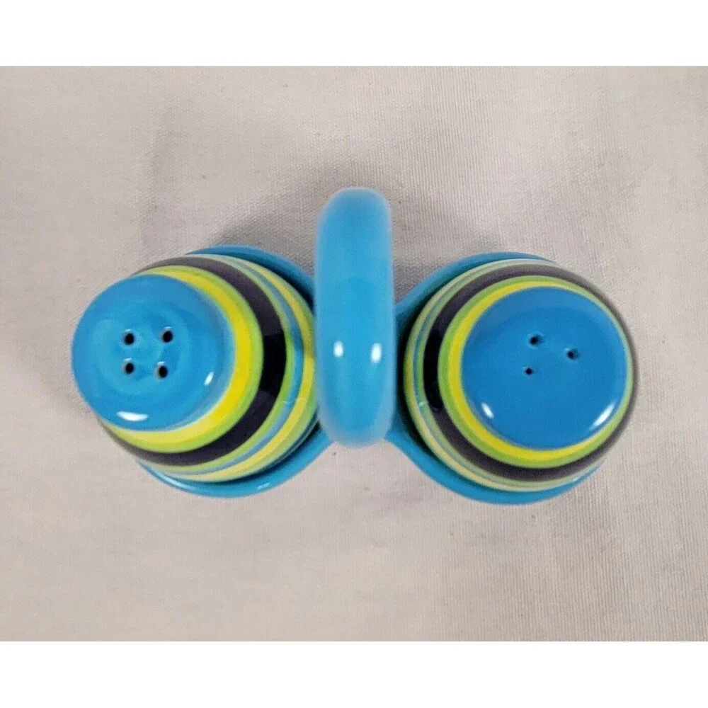 Ceramic Salt & Pepper Shakers with Holder- Blue green yellow multicolor